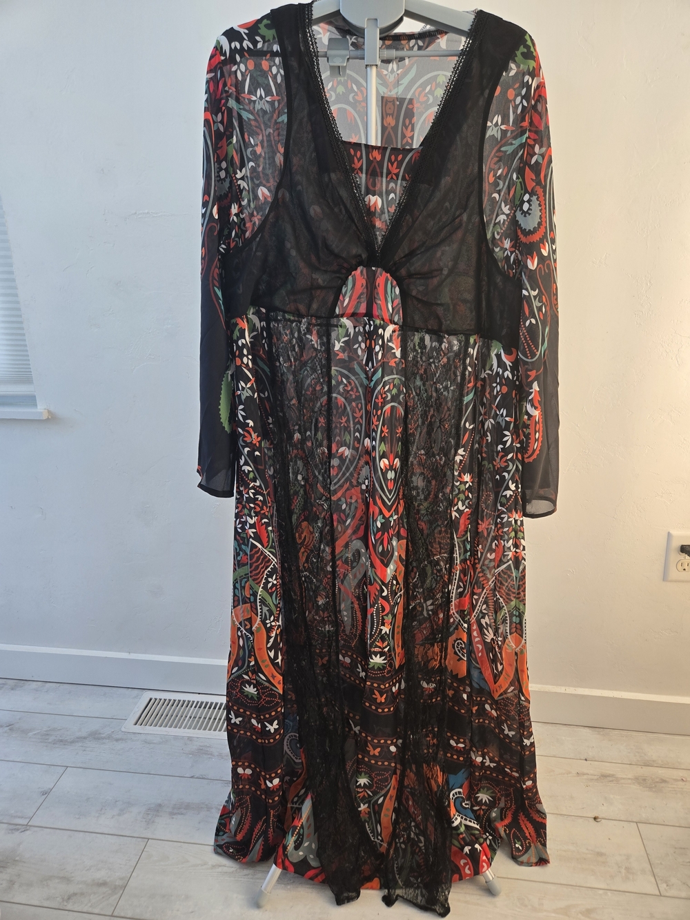Long Sheer Maxi Dress with Black Lace Bodice in Multicolor Paisley